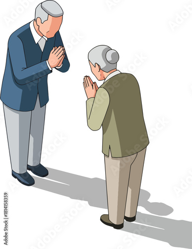 Isometric illustration of an elderly man and woman bowing respectfully with hands together in a greeting gesture against a plain white background with subtle shadows.