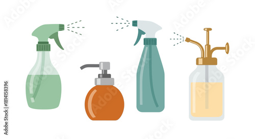 Various spray bottles and dispensers for liquids and solutions.
