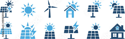Solar energy icon set with blue panels and sun symbols, renewable electricity technology vector illustration, sustainable power concept design collection isolated