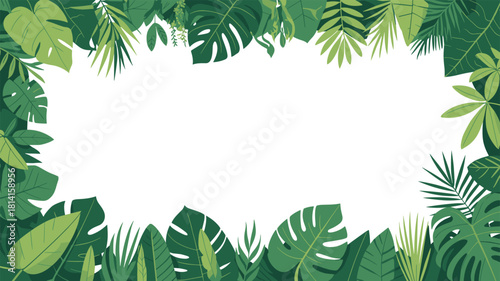 Tropical green leaves frame with copy space, vector jungle foliage border illustration, exotic summer nature background for invitation or card design