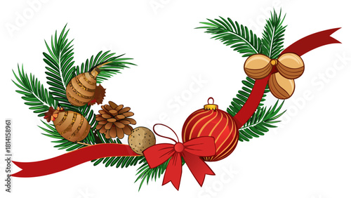Festive christmas wreath elements with pine needles ornaments and ribbons