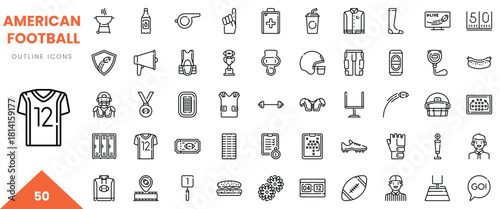 Collection of American football outline icons featuring jerseys, trophies, and equipment.