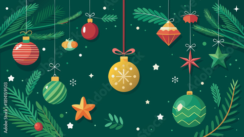 Festive christmas ornaments and pine branches on dark green background