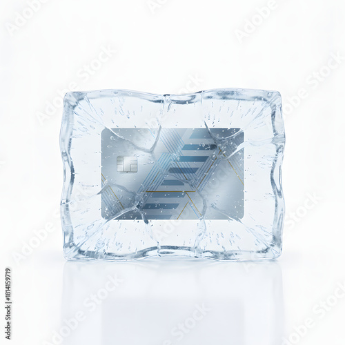 A credit card frozen inside a block of ice isolated in white background. Finance Concept