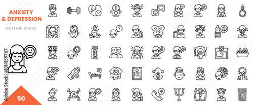 A diverse set of outline icons depicting themes related to anxiety and depression.