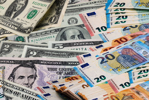 Abstract money background with various dollar and euro banknotes