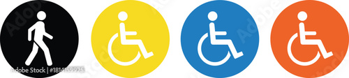 Accessibility icon set, walking and wheelchair symbols, multicolor circular design, mobility support, inclusive signage, vector graphic, flat style illustration, flavector