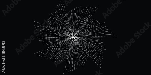 Halftone circular dotted frame set. Isolated circle dot texture on black background. Speckled spray texture. Vector abstract design elements, spiral circles, sound waves, circle vector dots.