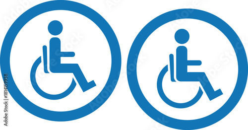 Wheelchair accessibility icon set, blue and white circular symbols, inclusive design, mobility support, disability signage, vector graphic, flat style illustration, flavector