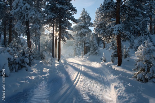 Serene, realistic photograph of a cross-country ski trail winding through a sun-drenched, snow-covered pine forest with long, dramatic shadows.