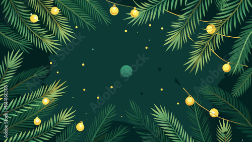 Festive christmas fir branches with warm string lights and bokeh effect