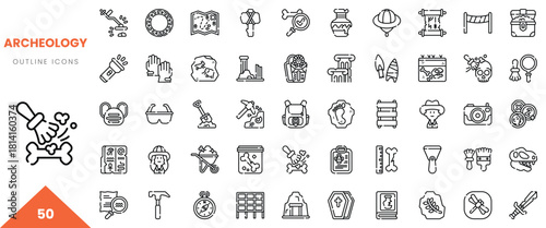 A diverse collection of outlined archaeology icons showcasing tools and artifacts.