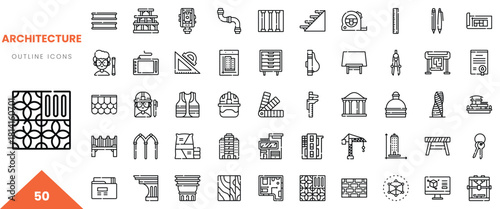 A diverse collection of architectural outline icons including tools, structures, and materials.
