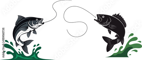 Two dynamic fish leaping out of green water splashes connected by a playful dashed line illustrating a sense of movement and connection in a stylized illustration