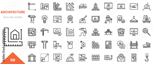 A collection of 50 architecture outline icons featuring tools, buildings, and symbols.