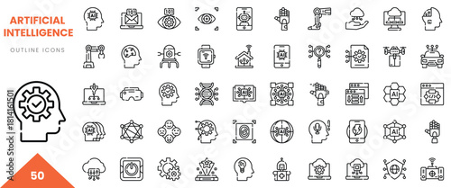 A collection of outline icons depicting various aspects of artificial intelligence technology.