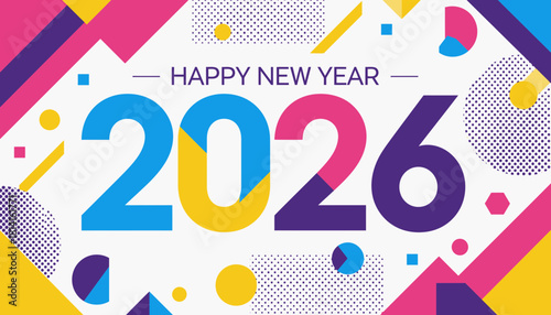 Vibrant Geometric Celebration of the Year 2026 Greeting Card Background