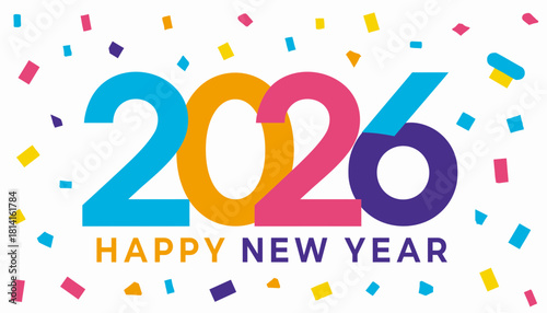 Vibrant Celebration Graphic for Happy New Year 2026 with Confetti
