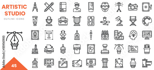 Collection of artistic studio outline icons, showcasing various creative tools and elements.