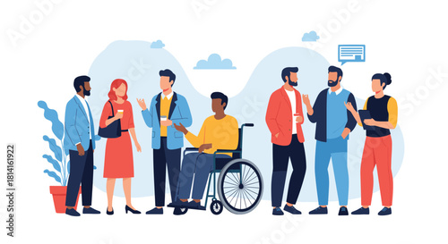 Diverse group of multiracial business people communicating and discussing ideas in a modern collaborative workplace environment.