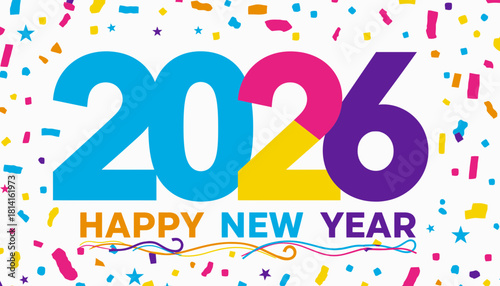 Vibrant Celebration Graphic for Happy New Year 2026 with Confetti