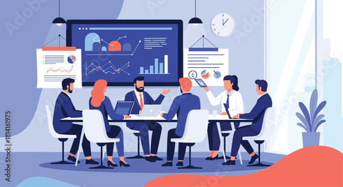 Business professionals attending a corporate meeting in a modern conference room discussing financial data and market analysis on a large screen.
