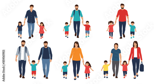 Set of illustrations depicting diverse parents walking hand-in-hand with their young children showing happy family moments and activities.