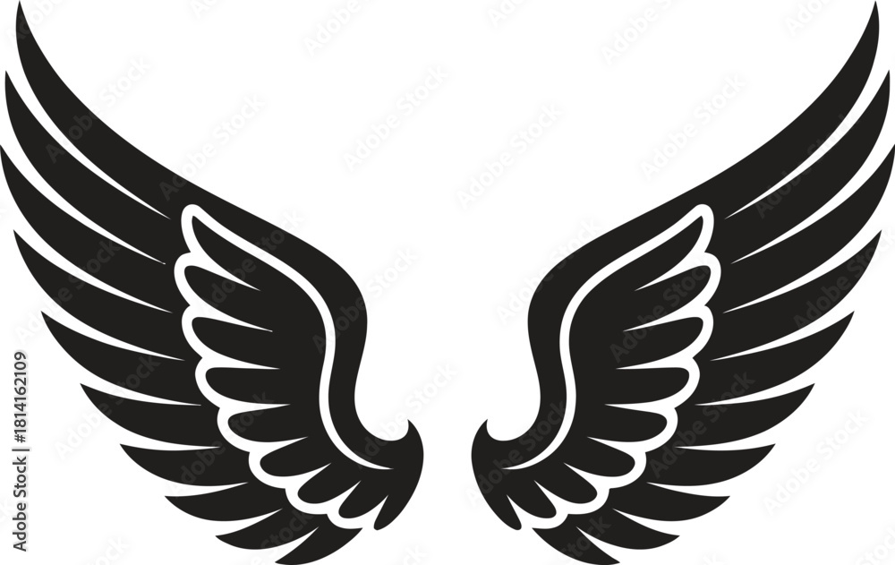 Fototapeta premium Angel Wings Silhouette – Black Feathered Wing Shape, Fantasy Winged Symbol, Minimal Vector Illustration