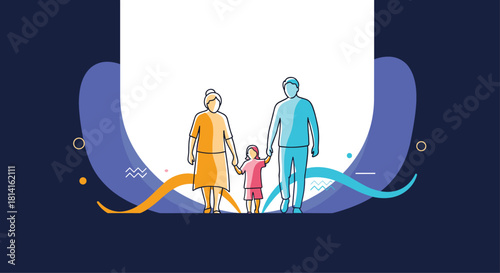 Generational family consisting of grandparents and a grandchild holding hands and walking together against an abstract background.