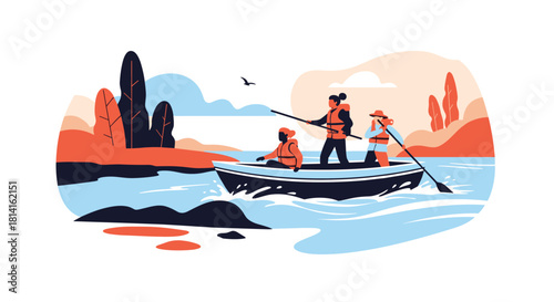 People wearing life vests enjoying a peaceful rowboat trip on a calm lake or river surrounded by scenic natural landscapes.