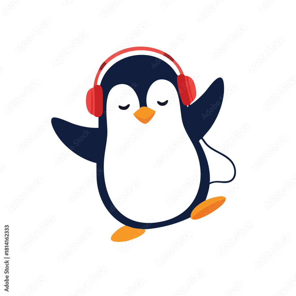 Obraz premium Cartoon Penguin with Red Headphones Dancing with Closed Eyes