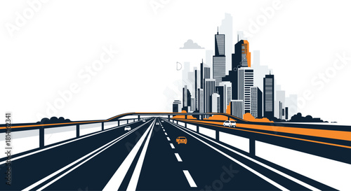 Modern highway leading towards a bustling city skyline with numerous tall buildings and an urban infrastructure network.