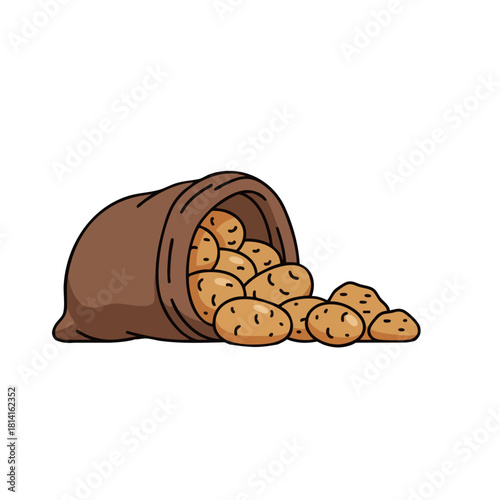 Cartoon-Style Brown Sack Tipped Over with Potatoes Spilling Out, Featuring Distinctive Markings