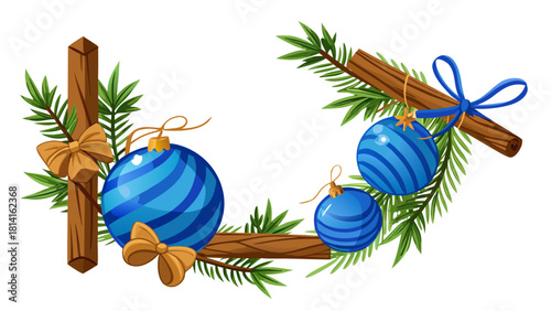 Christmas ornaments baubles pine branches cinnamon sticks and bows decoration