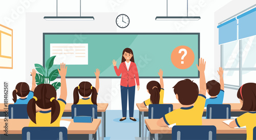 Engaged teacher standing in front of a classroom of enthusiastic students eagerly raising their hands to answer questions.