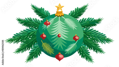 Christmas tree ornament decorated with pine needles and red baubles