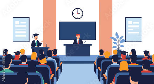 Graduation ceremony or academic lecture taking place in a large hall with a speaker on stage and an audience of graduates.