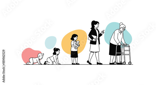 Visual representation of a woman's life stages from infancy to old age depicting development growth and the passage of time.
