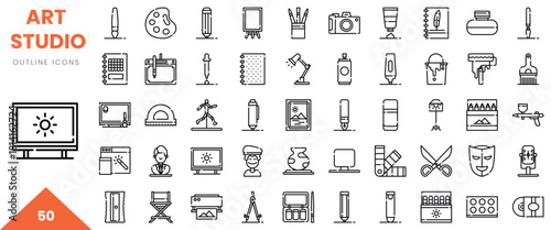 Variety of art studio outline icons showcasing creative tools and instruments.