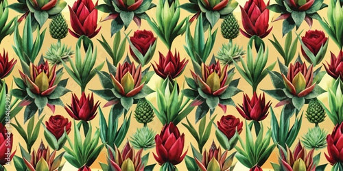 Vibrant floral pattern featuring red roses and lush green leaves on a bright yellow background.
