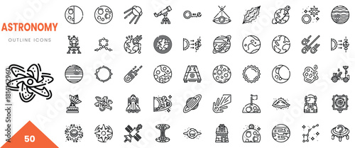Collection of creative outline icons depicting various astronomy themes, including planets and spacecraft.