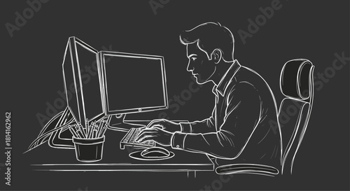 Man focused on working at a computer with dual monitors at a desk, depicted in a stylish chalk-like drawing on a dark background.