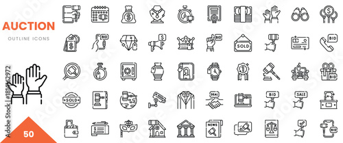 A collection of auction-themed outline icons including bidding hands, gavel, money, and bid items.