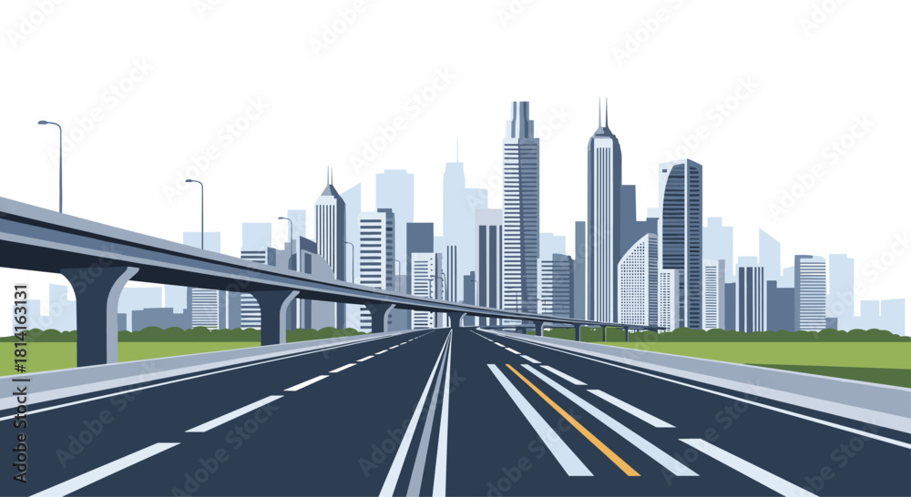 Fototapeta premium Modern multi-lane highway leading towards a futuristic city skyline with towering skyscrapers and complex elevated road systems.