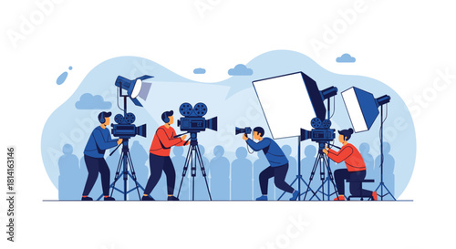 Professionals on a film set or photo shoot utilizing cameras and lighting equipment for high-quality media production.