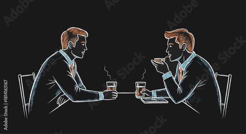 Two businessmen in suits engaging in a casual conversation over coffee at a table, depicted in a stylish chalk-drawing art style.