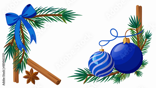 Christmas corner decoration with blue ornaments and pine branches