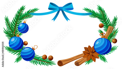 Christmas wreath frame with blue ornaments pine branches and cinnamon sticks