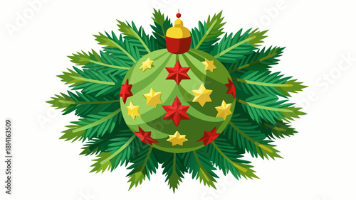 Green christmas ornament decorated with red and yellow stars surrounded by pine branches