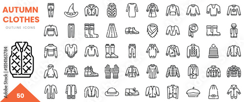 An array of autumn clothing outline icons showcasing sweaters, hats, and scarves in a minimalist style.